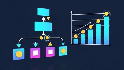 3D-rendered illustration with a flow chart and a bar graph on a dark blue background - Powered by Adobe