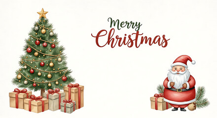Watercolor merry christmas illustration with christmas tree, santa claus and gifts is perfect for your festive greetings. Watercolor merry christmas illustration design element for postcards, flyers,