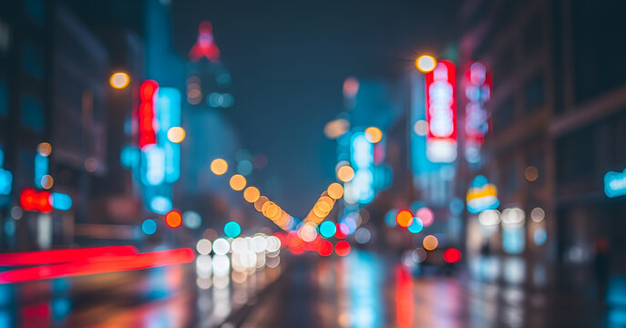 Bright urban neon signs cast colorful reflections on the slick pavement as traffic and pedestrians blend into a smooth bokeh filled atmosphere of evening activity.