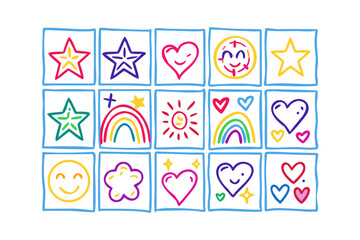 Vibrant doodle icons on a white background stars hearts