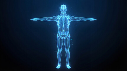 Human body hologram with visible skeleton futuristic medical technology blue glowing 3D rendering