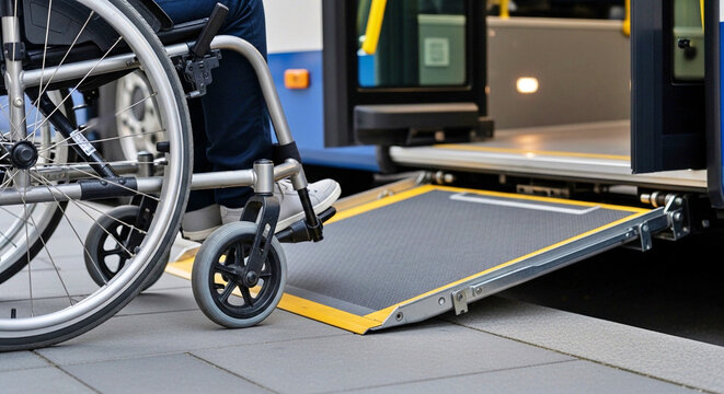 A person in a wheelchair prepares to board a bus using the lowered boarding ramp, highlighting urban accessibility and inclusive public transport