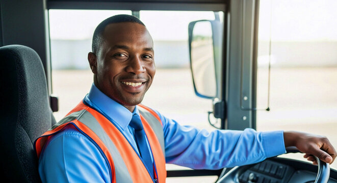 Smiling, confident bus driver wearing a blue uniform and high-visibility vest sits at the steering wheel, ready for his shift