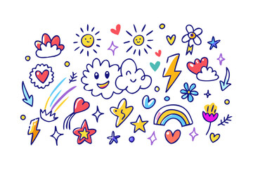 Whimsical doodle collection of celestial and nature elements