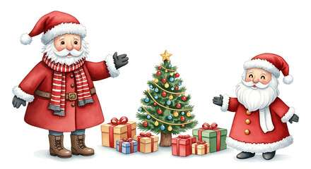 Adorable Santa Claus illustration with Christmas tree and gifts, perfect for holiday cheer. Cheerful Santa Claus art with wrapped presents brings festive spirit, reminding about joyful celebrations,