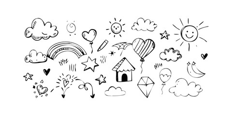 Whimsical Doodle Collection with Sun Clouds Rainbow and Heart