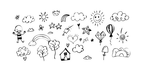 Whimsical doodle collection with sun rainbow and child