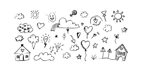 Whimsical doodle collection with sun clouds and hearts