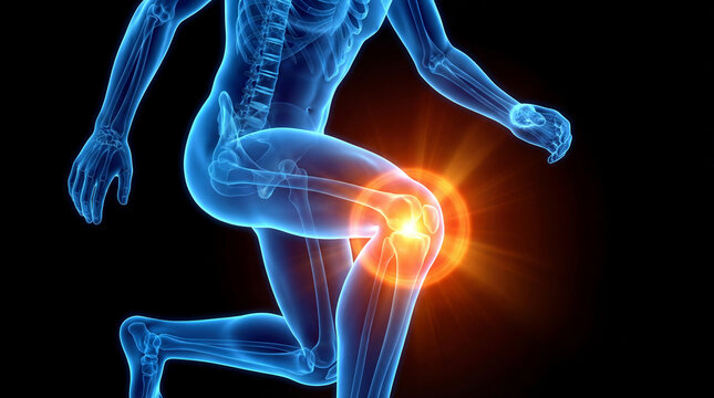 Human knee joint pain medical illustration of skeleton anatomy highlighted area for health and scien