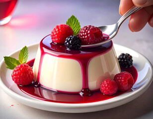 Spoonful of panna cotta lifted as berry sauce gently drips