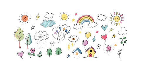 Whimsical doodle elements with sun rainbow clouds and houses