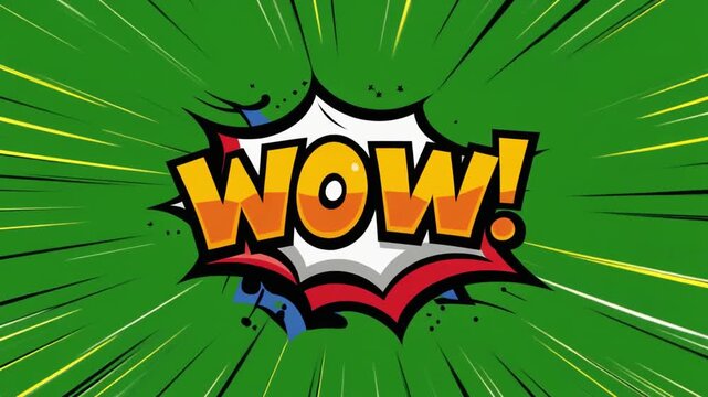 Retro pop WOW text with cartoon explosion on green screen background