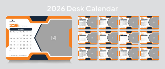 Trendy desk calendar 2026 template, corporate desk calendar schedule 2026 monthly 12-page planner layout, editable vector eps 10 file format