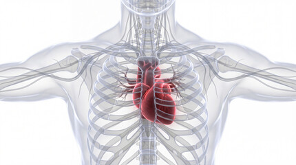 Human heart anatomy highlighted in red within the rib cage medical illustration for educational purp