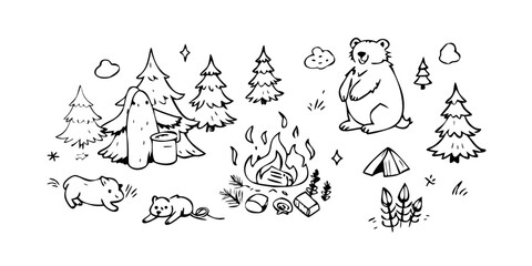 Whimsical forest creatures and pine trees bear mushroom