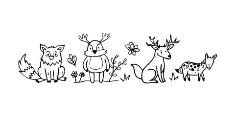 Whimsical Forest Animals Doodle Collection Transparent