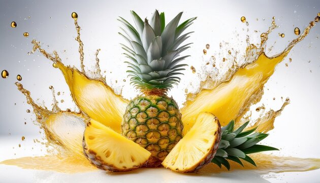 a whole pineapple and two slices are dramatically splashed in juice against a white background