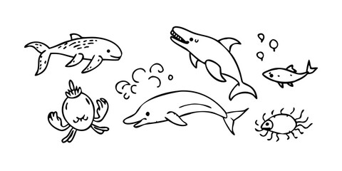 Whimsical Sea Creatures Doodle Pattern with Transparent Background