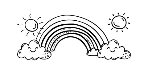 Whimsical Rainbow and Sunshine Doodle with Clouds vector