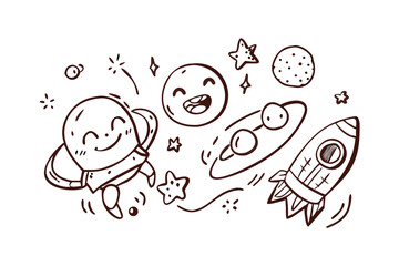 Whimsical Space Adventure Doodles with Planets Rocket and Stars