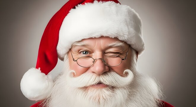 Christmas Cheerful Santa Claus Winking with a Snow-Dusted Beard