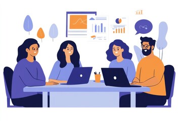 Collaborative team meeting office space illustration modern environment front view business strategy