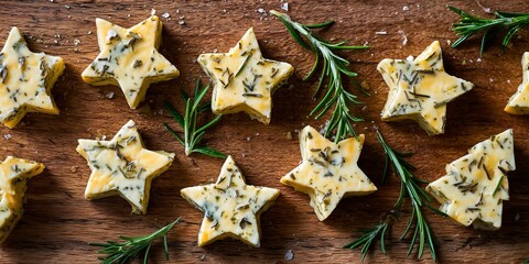 Cheese slices cut into star and tree shapes are arranged neatly on a wooden board with rosemary sprigs. The simple setup and warm tones create minimalist festive charm.