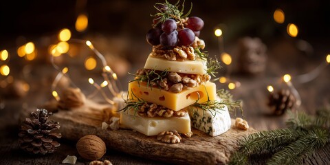 Fototapeta premium Cheese platter shaped like a Christmas tree features grapes, nuts and rosemary. Fairy lights and pinecones create a warm festive holiday scene.