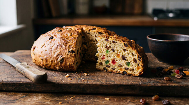 Traditional Irish soda bread with dried fruit sliced on a wooden board homemade baking