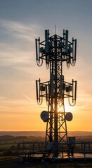 5g cellular tower technology against a beautiful sunset sky, providing high-speed wireless communication for internet of things and mobile users.