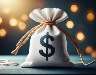 white fabric sack displays dollar sign tied with rope for financial brand backdrop