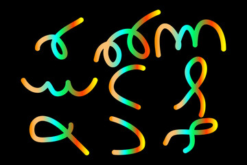 Colorful glowing neon light tubes in abstract shapes on black background