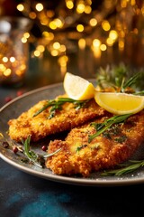 Naklejka premium Crispy fried fish fillet with lemon and herbs rests on a festive plate with warm lights. A traditional Polish Christmas Eve dish known as fried carp.