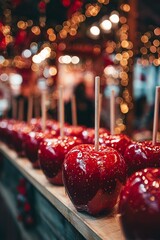 Glossy red candy apples on wooden sticks hang in rows at a festive stall, twinkling lights and blurred crowds behind create a fairytale Christmas feel.