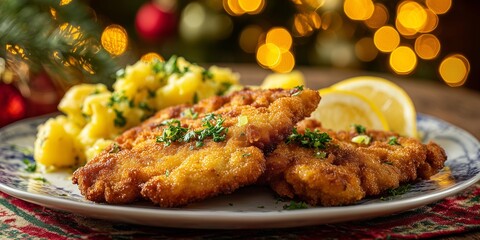 Golden crispy schnitzel served with potato salad and lemon slices rests on a festive tablecloth in warm Christmas light.