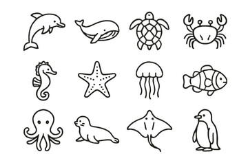 Obraz premium Octopus icon seal penguin marine vector ray clownfish dolphin starfish icons jellyfish