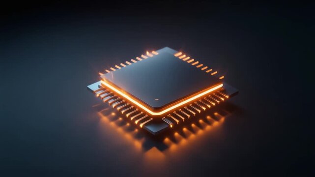 A high-tech computer processor chip glowing with vibrant orange light, symbolizing the future of digital technology and data processing