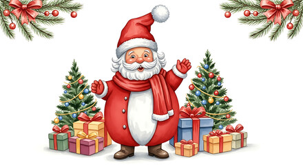 Cheerful Santa Claus illustration with Christmas gifts presents festive holiday spirit. Santa Claus bringing gifts of good cheer near decorated trees for happy Christmas.