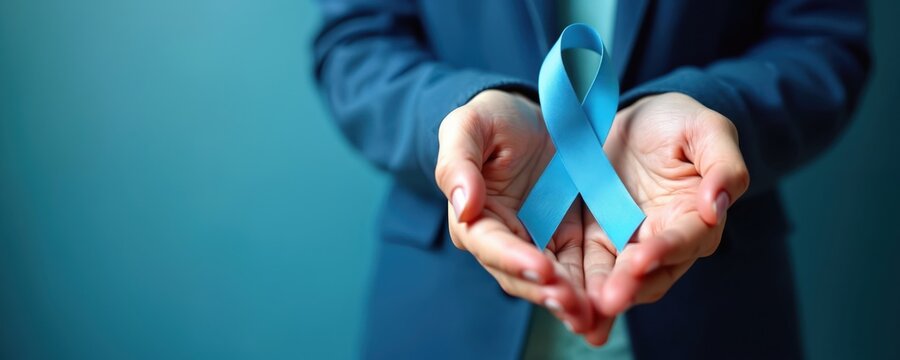 Person holds a blue ribbon symbol. It represents awareness and support for different health causes. Photo is suitable for campaigns regarding health care and disease prevention.