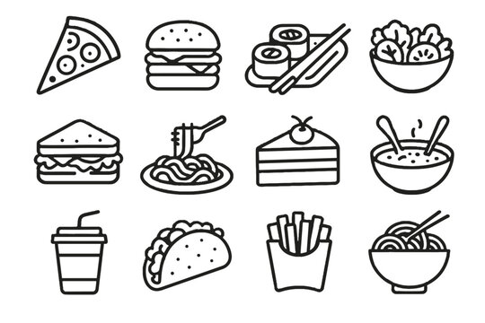 Sushi soup pizza sandwich food fries vector tacos icon grid burger icons