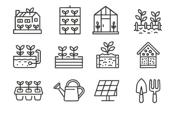 Naklejka premium Panel insect urban garden bed icon tray vector watering hydroponic community icons