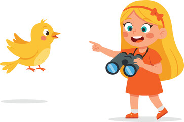 “Happy cartoon girl holding binoculars and pointing at a cute yellow bird in a fun outdoor wildlife observing and learning scene”