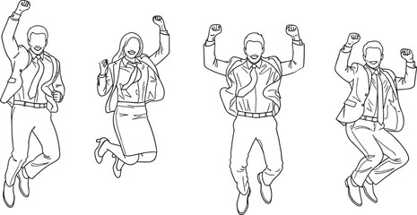 Line art illustration of business people jumping, celebrating success, teamwork achievement, corporate victory, energetic professional group expressing joy and motivation
