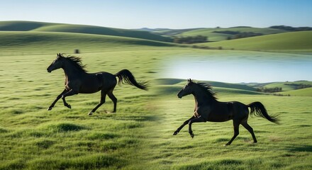 Two dark horses gallop across a vibrant green field under a clear blue sky, showcasing freedom and natural beauty.