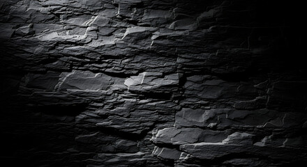 Black patterned stone wall texture with light shining on the stone for modern home design background