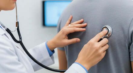 A close-up shot of a doctor using a stethoscope to listen to the lungs or heart of a male patient during a medical examination