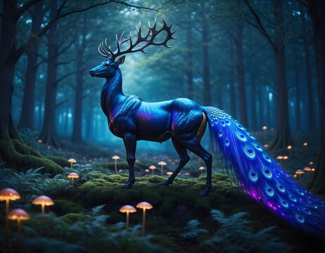 Enchanted Blue Deer with Glowing Sparkles in Mystical Woodland