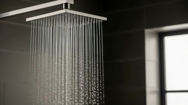 Refreshing water streams from a modern square shower head in a stylish dark bathroom