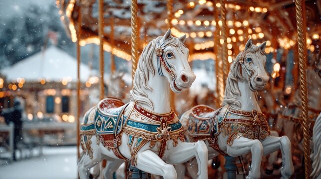 Snow-covered carousel with horses decorated in holiday ribbons and lights,