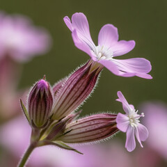 Obraz premium A close-up macro shot of a small, delicate pink Gibraltar Campion (Silene tomentosa) with five petals. The background is softly blurred green